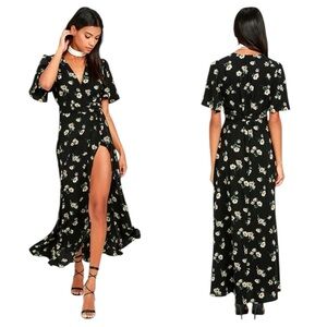 Lulus Italian Garden Party Black & Beige Floral Maxi Wrap Dress Sz M